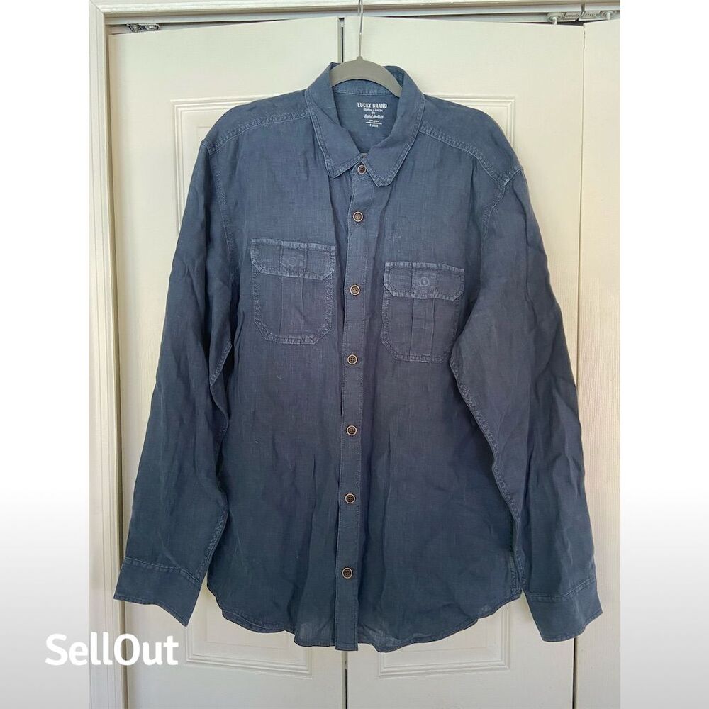 Lucky Brand Men's XL Blue Linen Button-Up Shirt Long Sleeve Casual